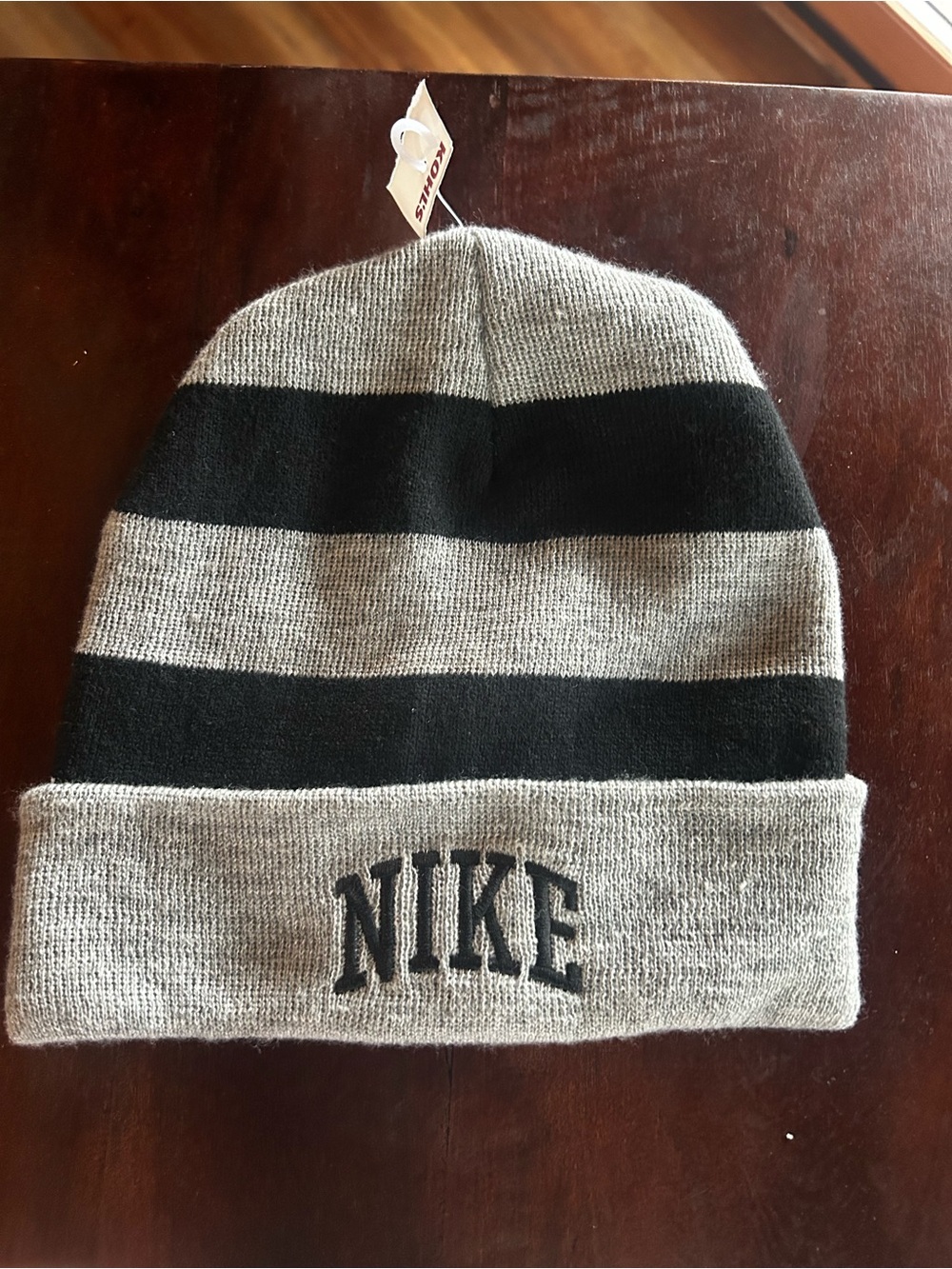 NWT Nike Men’s Grey & Black Striped Knit Beanie Winter Hat Cap
